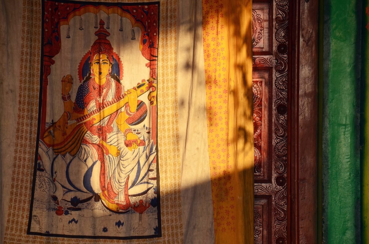 The hindu goddess of wisdom, Saraswati, bathed in a heavenly glow
